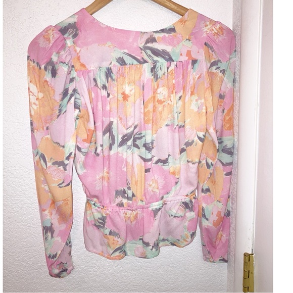 JEN’S PIRATE BOOTY Floral Deep V Neck Pink Peplum Blouse blouson sleeves SZ: XS - Picture 12 of 13